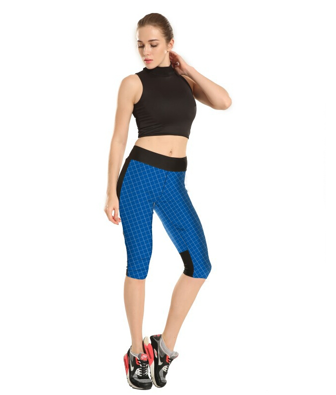 Printed-blue-plaid-high-waisted-seven-sports-pant-wholesale