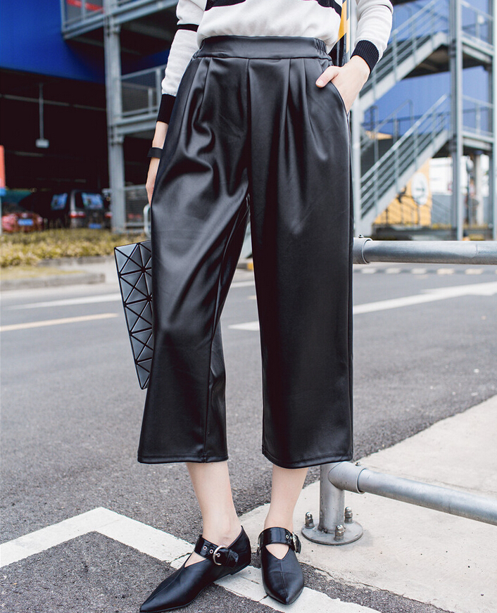 Elastic-waist-PU-wide-legs-leather-pants-nine-minutes-pants-wholesale