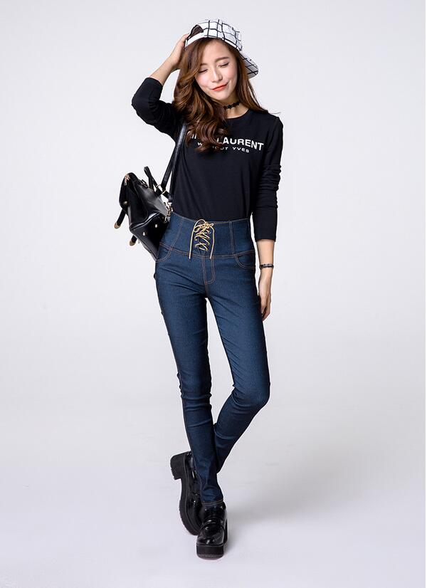 Female-before-draw-string-imitation-cowboy-tall-waist-pencil-pants-wholesale