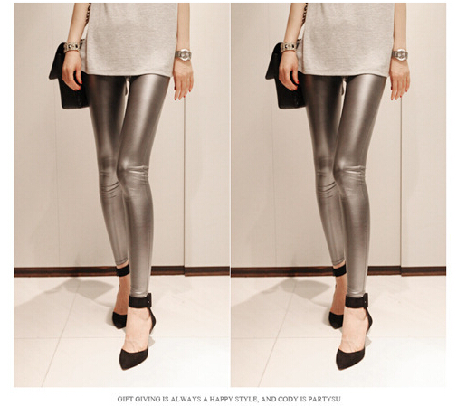 Female-elastic-waist-copy-PU-leather-dumb-light-bright-color-leggings-wholesale