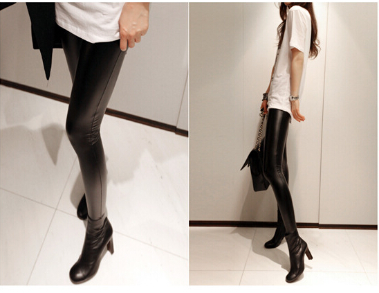 Female-elastic-waist-copy-PU-leather-dumb-light-bright-color-leggings-wholesale