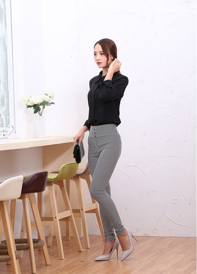 Tall-waist-female-white-vertical-stripe-nine-minutes-pants-wholesale