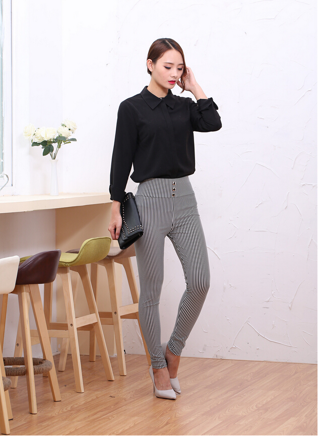 Tall-waist-female-white-vertical-stripe-nine-minutes-pants-wholesale