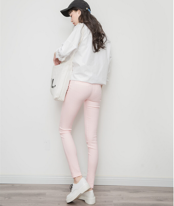 Wholesale-women-show-thin-color-stripe-woven-elastic-nine-points-leggings